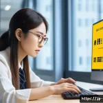 네트워크 드라이버 문제 해결 사례 - A modern Japanese office setting with a focused young Japanese professional woman using a sleek lapt...