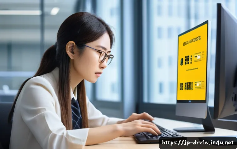 네트워크 드라이버 문제 해결 사례 - A modern Japanese office setting with a focused young Japanese professional woman using a sleek lapt...