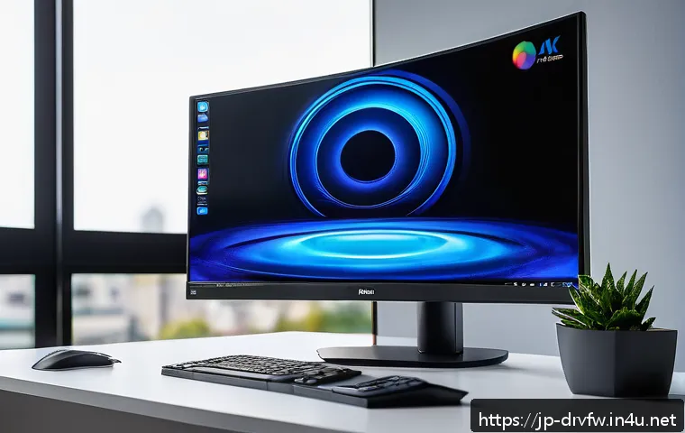 모니터 드라이버 설치 및 최적화 - A sleek modern workspace featuring a high-resolution 4K HDR monitor displaying vibrant, sharp colors...