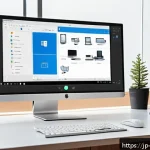 윈도우에서 누락된 드라이버 설치 방법 - A detailed, modern Japanese home office setup featuring a sleek desktop PC with the Windows Device M...