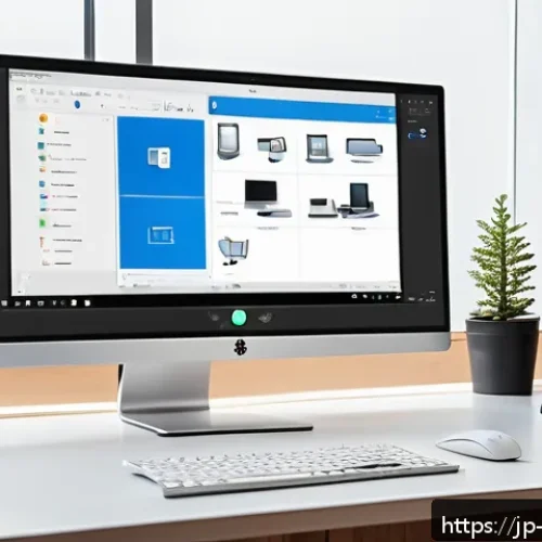 윈도우에서 누락된 드라이버 설치 방법 - A detailed, modern Japanese home office setup featuring a sleek desktop PC with the Windows Device M...