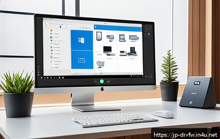 윈도우에서 누락된 드라이버 설치 방법 - A detailed, modern Japanese home office setup featuring a sleek desktop PC with the Windows Device M...