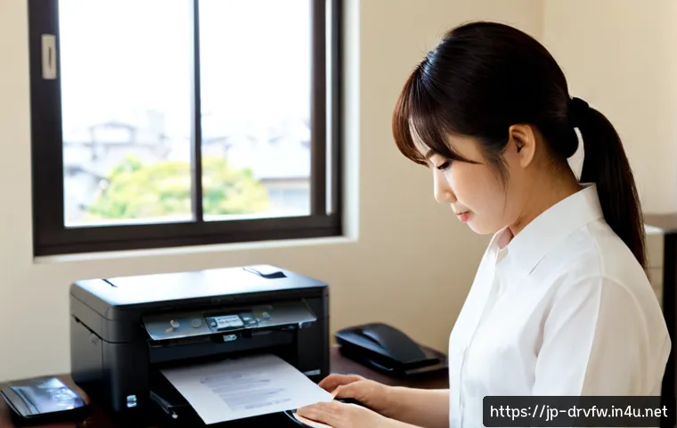 프린터 드라이버를 제거하지 못할 때 해결법 - Photorealistic Japanese home office, a middle-aged woman calmly troubleshooting a desktop printer be...