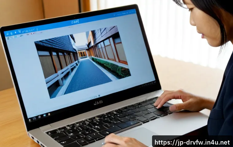 웹캠 드라이버 업데이트 방법 - Photorealistic home office scene, middle-aged Japanese woman updating a webcam driver on a modern la...